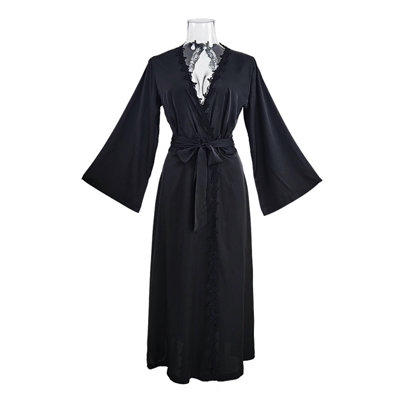 Women Pajamas Long Robe Set Lace Homewear Faux Silk Sleepwear Bathrobe